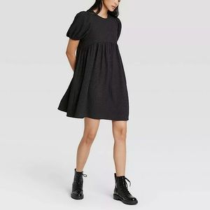 Who What Wear Dress LBD Black Puff Short Sleeve Women Mini Cocktail Emboss NWT
